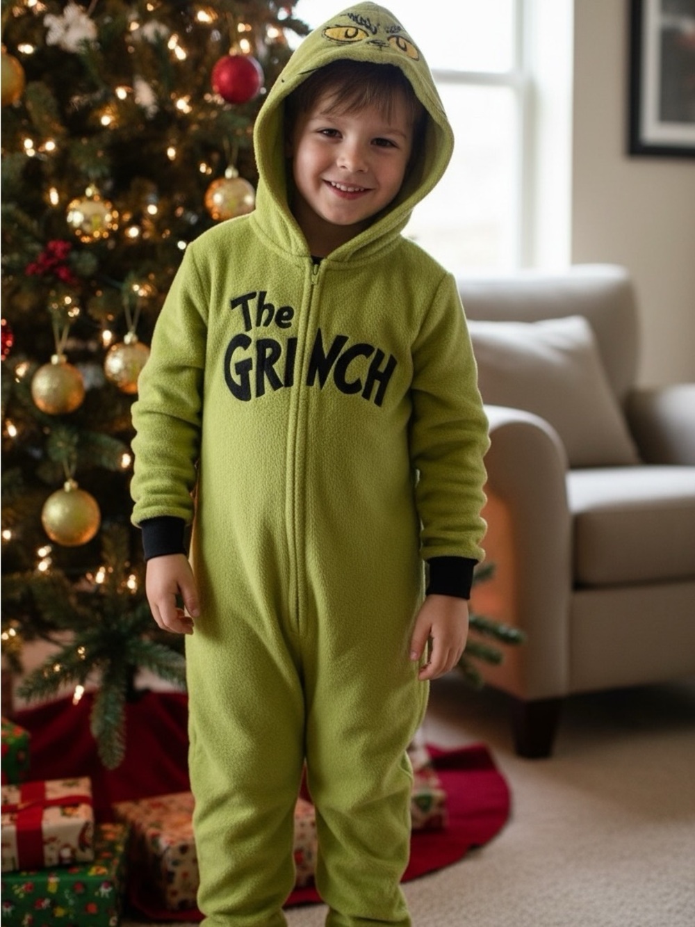 Kids Green Grinch Hooded Fleece Costume One-Piece